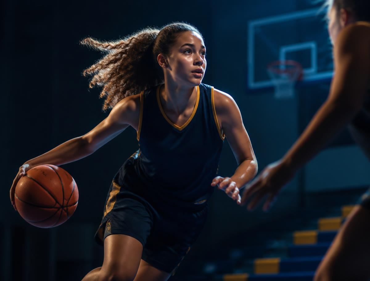Young basketball player driving toward the hoop
