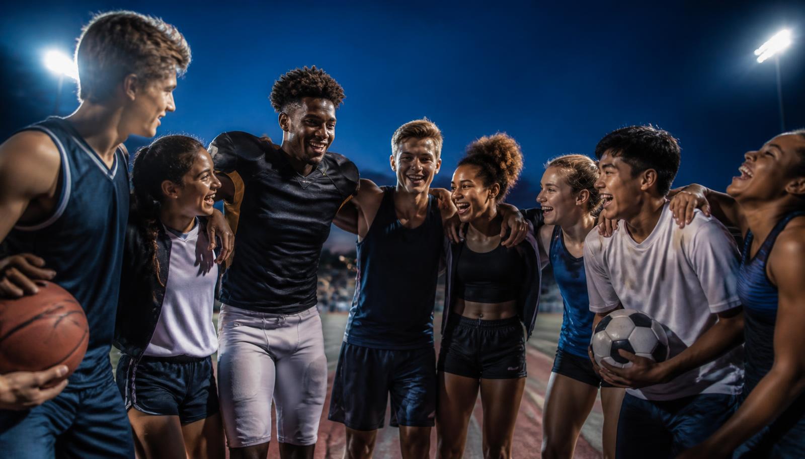 A diverse group of young athletes celebrating together
